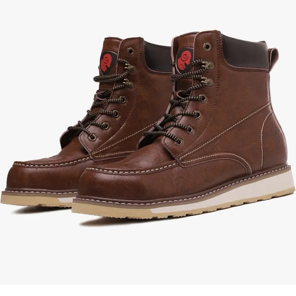 Brown Lace-Up 8.5  Toe Work Boots, Non-Slip Sole, Water-Resistant safety shoes